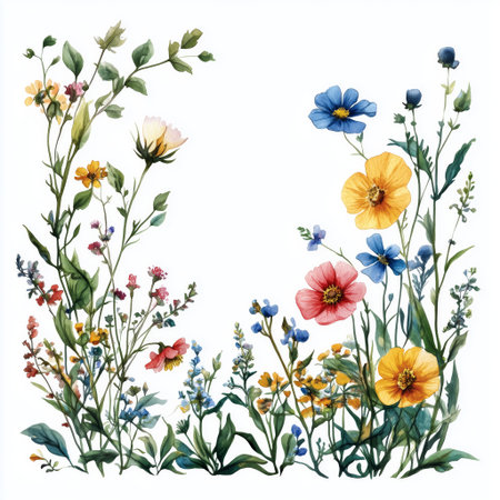A collection of various wildflowers shows a stunning array of colors in a natural landscape. The flowers bloom as spring brings life and beauty to the surroundings.の素材