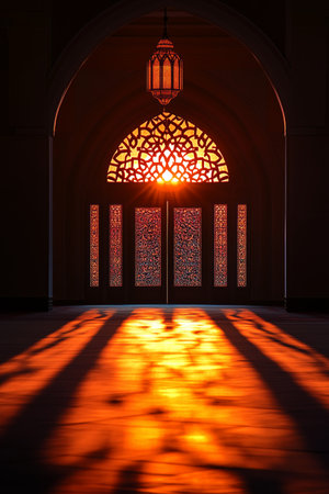 Sunlight streams through a beautifully detailed archway, illuminating the interior with warm hues as dust particles dance in the rays, creating a tranquil atmosphere.の素材