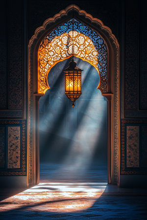 Sunlight streams through a beautifully detailed archway, illuminating the interior with warm hues as dust particles dance in the rays, creating a tranquil atmosphere.の素材