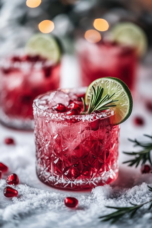 A vibrant red cocktail with ice, garnished with a lime slice and rosemary, is placed on a snowy surface among festive decorations. The backdrop features softly glowing lights.の素材