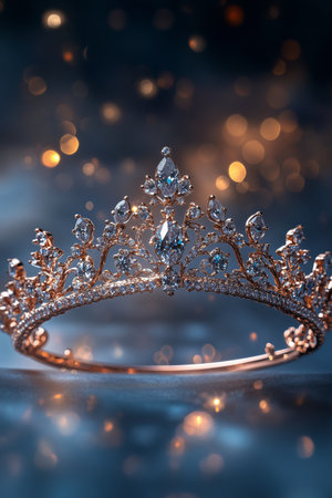 A beautifully crafted tiara appears with sparkling jewels set against a softly illuminated backdrop. The delicate details and shimmering lights create a sense of luxury and elegance.の素材