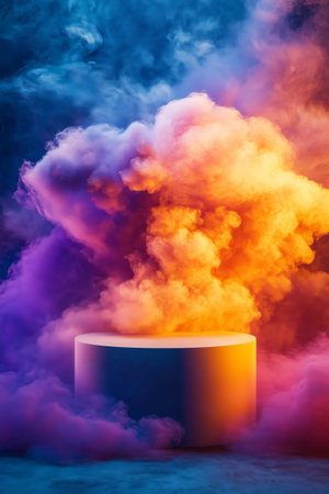 A round pedestal is surrounded by a dramatic burst of colorful smoke. The scene is illuminated with vibrant hues of orange, purple, and blue, creating a captivating atmosphere.の素材