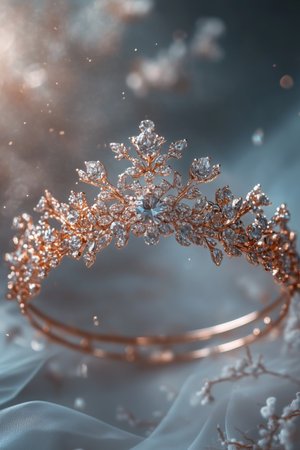 A beautifully crafted crown made of gold and encrusted with sparkling jewels shines brightly against a softly glowing backdrop, creating a regal and luxurious atmosphere.の素材