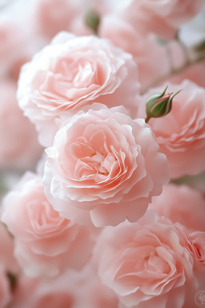 Soft pink roses are elegantly arranged together, showcasing their full blooms and gentle hues. This floral display brings beauty and freshness to any setting, perfect for gifts or decor.の素材