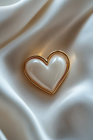 A beautiful gold heart-shaped hairpin lies gently on smooth, silky fabric, creating a romantic and elegant atmosphere. Ideal for special occasions or adornments.の素材