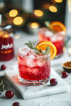 Colorful cocktails with ice feature cranberries and orange slices, styled with rosemary sprigs, creating a festive atmosphere in a cozy setting adorned with soft lights.の素材