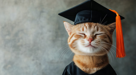 A cat wearing a black graduation cap with an orange tassel sits proudly indoors, embodying a moment of celebration and joy in a cozy environment.の素材