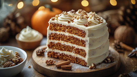 A freshly baked carrot cake sits on a wooden board, layered with cream cheese frosting and topped with nuts. Soft lighting and autumn decor create a warm atmosphere.の素材