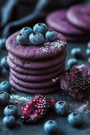 Soft purple cookies are stacked high, adorned with plump blueberries and raspberries, creating a vibrant and enticing dessert display perfect for any occasion.の素材