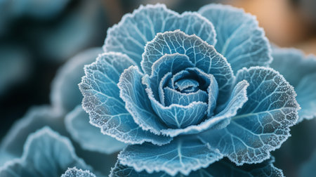A beautiful green cabbage flower is adorned with frost, glimmering in the soft early morning light, showing intricate leaf patterns and vibrant colors in a serene garden setting.の素材