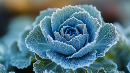 Intricate frost patterns adorn a blue ornamental cabbage in morning light, showcasing natures artistry in the chill of winter. The serene atmosphere adds to its beauty.の素材