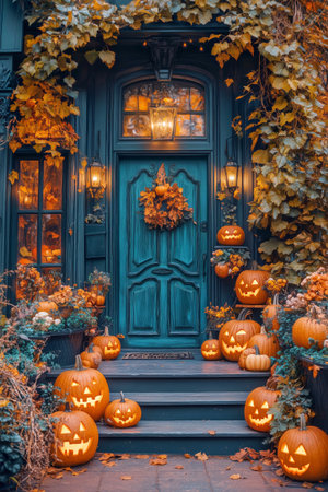 A charming front entrance showcases glowing jack-o-lanterns and vibrant autumn leaves. The inviting atmosphere reflects the festive spirit of Halloween in the neighborhood.の素材