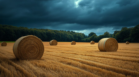 In a vast golden field, round hay bales are scattered under a dramatic sky filled with dark clouds during dusk. The landscape is tranquil, evoking a sense of rural calm.の素材