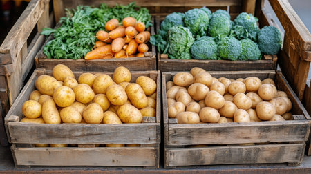 Brightly colored carrots, broccoli, and fresh greens are neatly arranged in wooden crates alongside various potatoes at an outdoor market in a rural setting.の素材