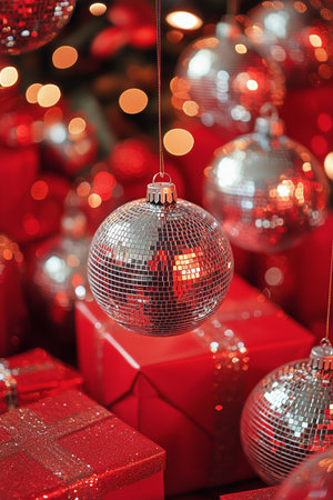Festive atmosphere created by a Christmas tree decorated with colorful ornaments and glimmering lights alongside beautifully wrapped presents. Warm glow adds holiday charm.の素材