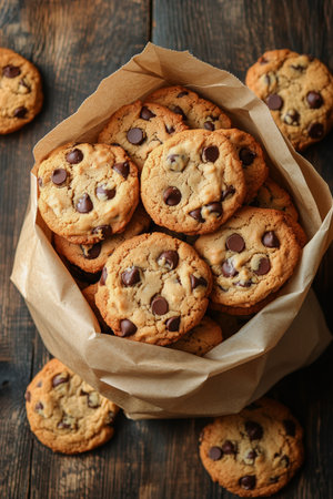 A collection of warm chocolate chip cookies is neatly arranged in a paper bag, surrounded by a checkered cloth. These treats are perfect for sharing or enjoying alone.の素材