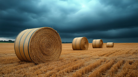 Straw bales are neatly arranged in golden harvested fields under a darkening sky, creating a striking contrast during the evening. The atmosphere is peaceful yet dramatic.の素材