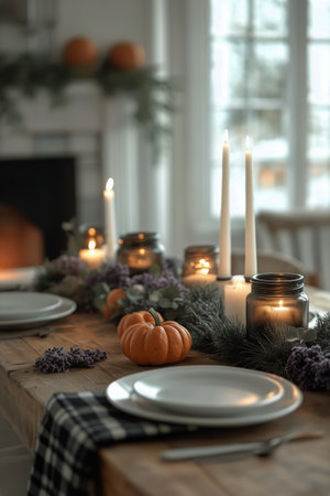 A beautifully arranged dinner table features soft candlelight, small pumpkins, and fresh greenery, creating a warm autumn atmosphere ideal for gatherings and celebrations.の素材