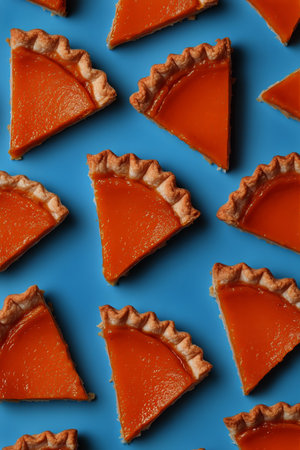 Delicious pumpkin pies are surrounded by vibrant autumn leaves, small pumpkins, and blueberries on a bright blue surface, celebrating the fall season.の素材
