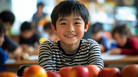 A cheerful boy in a striped shirt sits at a table surrounded by apples, engaging with classmates during a healthy eating lesson at school.の素材