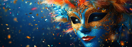 A performer wearing a vibrant, elaborately decorated mask stands at a carnival, showcasing glittering details against a blue backdrop. Colorful confetti surrounds the festive atmosphere.の素材