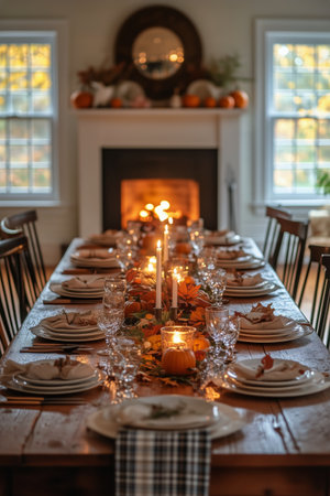 A beautifully arranged dining table features white pumpkins, fresh flowers, and tall candles, creating a warm atmosphere for an autumn gathering near a fireplace.の素材