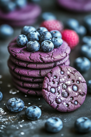 Soft purple cookies are stacked high, adorned with plump blueberries and raspberries, creating a vibrant and enticing dessert display perfect for any occasion.の素材