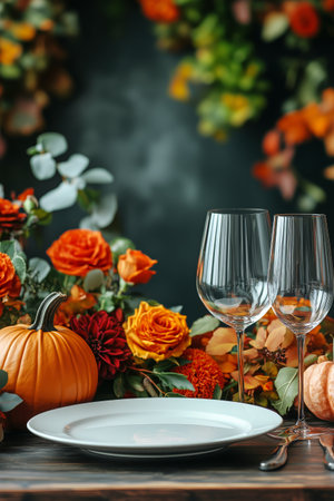 Decorative table setup featuring a large pumpkin, smaller pumpkins, and vibrant flowers. This setting is perfect for a cozy autumn gathering or festive dinner celebration.の素材