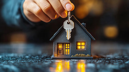 A hand gently holds a key above a small house model, which glows warmly from inside, representing the excitement of new home ownership during evening hours.の素材