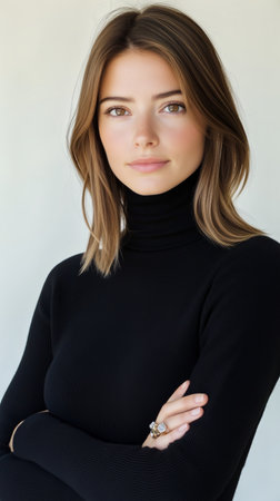 A young woman stands with her arms crossed, wearing a black turtleneck sweater. Her straight hair frames her face, showing her relaxed yet confident expression.の素材