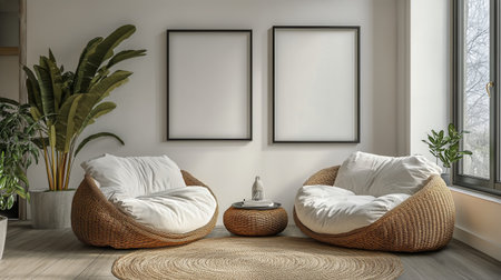 A cozy seating area features two large, comfortable chairs and a small table, surrounded by plants and framed spaces for artwork. Natural light floods the room.の素材