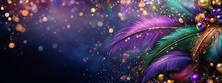 Brightly colored feathers adorned with glittering ornaments create a lively vibe, perfect for a festive gathering or celebration during carnival season.の素材