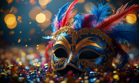 Brightly colored masquerade mask rests on a surface covered in shiny confetti, surrounded by sparkling lights creating a festive atmosphere, perfect for a celebration.の素材