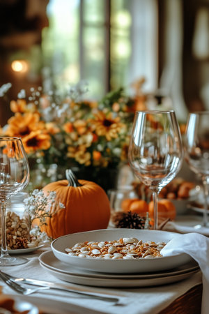 A festive table is decorated for an autumn gathering featuring a small pumpkin, roasted seeds on a plate, and elegant glassware. Soft floral arrangements enhance the fall ambiance.の素材