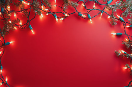 Colorful lights intertwined with green foliage create a festive border against a bright red background, perfect for holiday decoration or seasonal celebrations.の素材