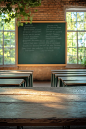 Sunlight streams through large windows in a classroom featuring wooden desks arranged neatly. A chalkboard stands in front, filled with writing, creating an inviting learning atmosphere.の素材