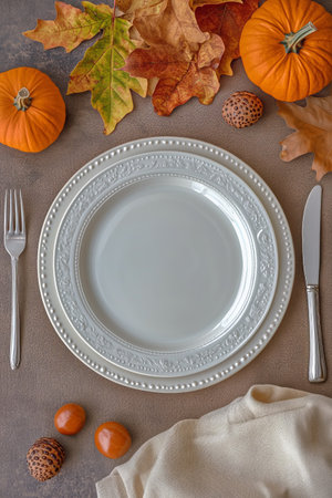 A beautifully arranged table features a white plate surrounded by pumpkins, colorful leaves, and decorative nuts, perfect for a cozy autumn gathering or festive meal preparation.の素材