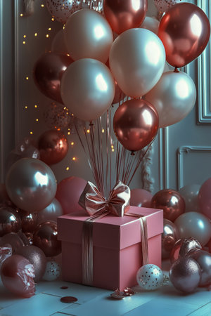 A beautifully arranged gift box sits on a table surrounded by shiny pink balloons. The soft lighting creates a warm, inviting ambiance perfect for a special occasion.の素材