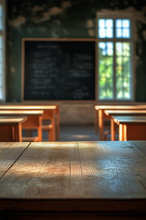 Sunlight streams through windows in an old classroom. Desks are arranged but unoccupied, highlighting a quiet and serene study environment in the late afternoon.の素材
