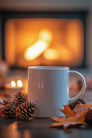 A warm cup of coffee rests near a cozy fireplace, surrounded by autumn leaves and pinecones. The inviting glow of the fire adds a tranquil atmosphere to the setting.の素材