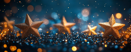 Golden stars twinkle amidst a backdrop of vibrant blue and warm lights, evoking a festive and enchanting mood perfect for celebrations.の素材