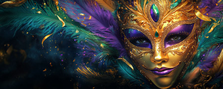 An ornate carnival mask in vibrant colors, adorned with feathers, is showcased against a dark, textured backdrop. The intricate details highlight craftsmanship and artistry.の素材