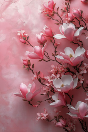 Delicate magnolia flowers in various stages of bloom adorn a slender branch. This vibrant display of spring colors captures the essence of natures beauty.の素材