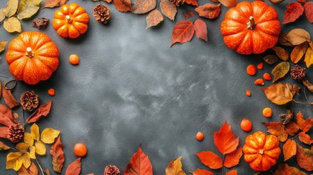 Vibrant pumpkins and colorful autumn leaves create a stunning arrangement on a dark surface, perfect for fall festivities and seasonal decorations.の素材