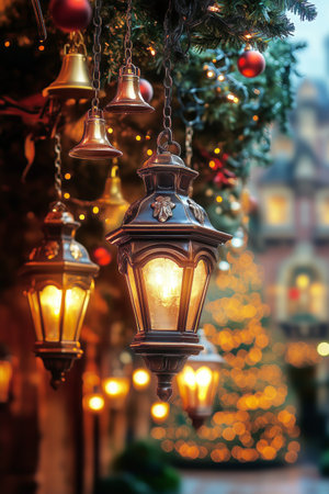 Lanterns hang gracefully from branches, casting a warm glow in a charming outdoor space adorned with twinkling lights during the evening twilight.の素材