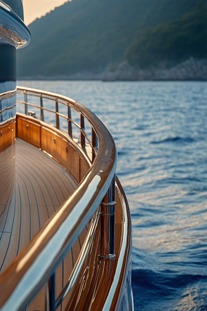 A beautiful wooden railing contrasts with shiny metal on a yachts deck. The vibrant blue ocean reflects the warm sunset, creating a serene atmosphere for relaxation.の素材