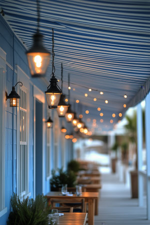 A charming outdoor dining space wooden features tables and comfortable seating under a striped canopy. Lanterns hang overhead, creating a cozy atmosphere in a tropical location.の素材