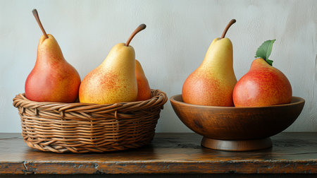 A collection of ripe pears sits in a woven basket next to a bowl containing two apples on a rustic wooden table with a textured background.の素材