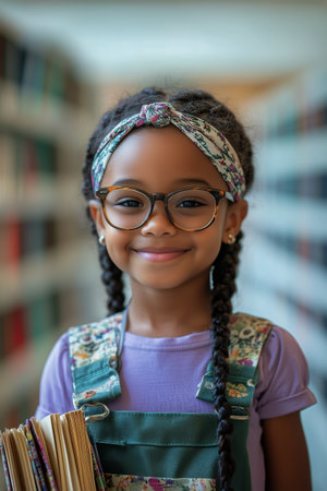 A cheerful girl wearing glasses and a floral headband stands in a library. She holds a stack of books close to her chest, showing her enthusiasm for reading.の素材