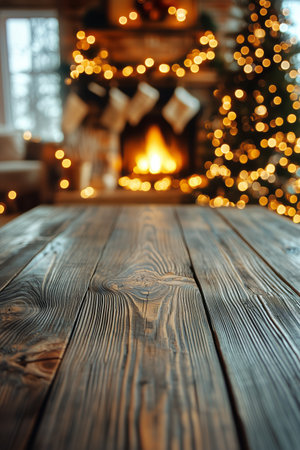 A wooden table is positioned in the foreground, while a roaring fireplace adds warmth to a room decorated with Christmas lights and a festive tree in the background.の素材